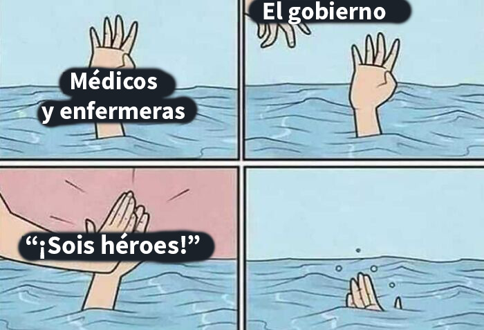Meme médico mostrando a médicos y enfermeras pidiendo ayuda mientras el gobierno los ignora en una situación crítica.