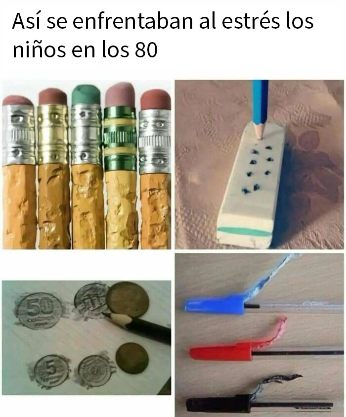 Niños en los años 80 enfrentando el estrés con lápices, gomas, y bolígrafos, mostrando partes de vidas que ya no existen.