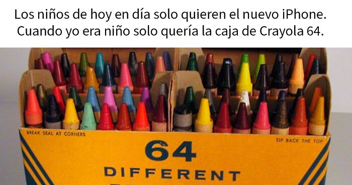 Caja de crayolas de los au00f1os 80 con 64 colores, recordando momentos y objetos de nuestras vidas pasadas.