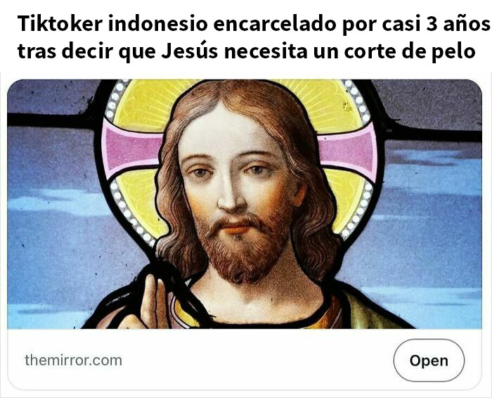 Imagen de Jesús con halo iluminado y titular sobre tiktoker encarcelado, reflejando titulares que parecen sátira pero son ciertos.