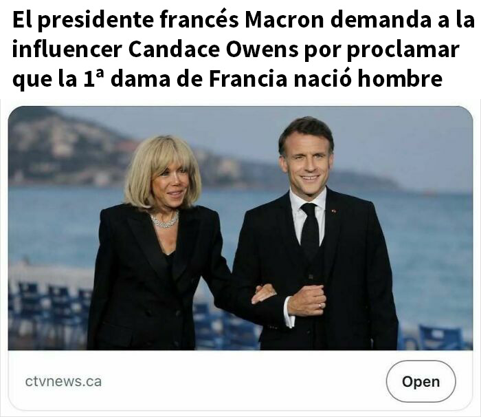 Presidente francés Emmanuel Macron con su esposa en evento oficial, imagen relacionada con titulares que parecen sátira pero son ciertos.