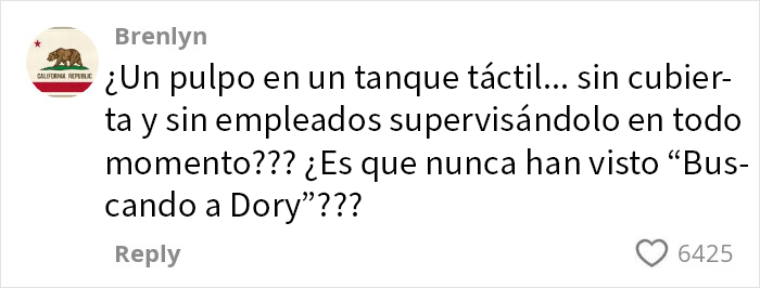 Comentario de usuario sobre un pulpo en un tanque táctil en un acuario y la falta de supervisión de empleados.