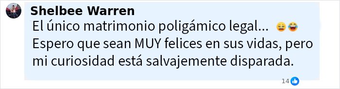 Comentario de Shelbee Warren expresando curiosidad y apoyo hacia un matrimonio poligámico legal.