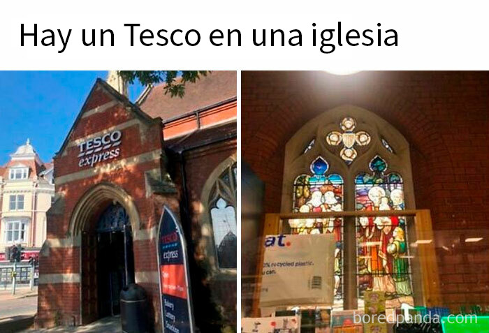 Memes británicos mostrando humor único con imagen de una tienda Tesco dentro de una iglesia antigua con vitrales.