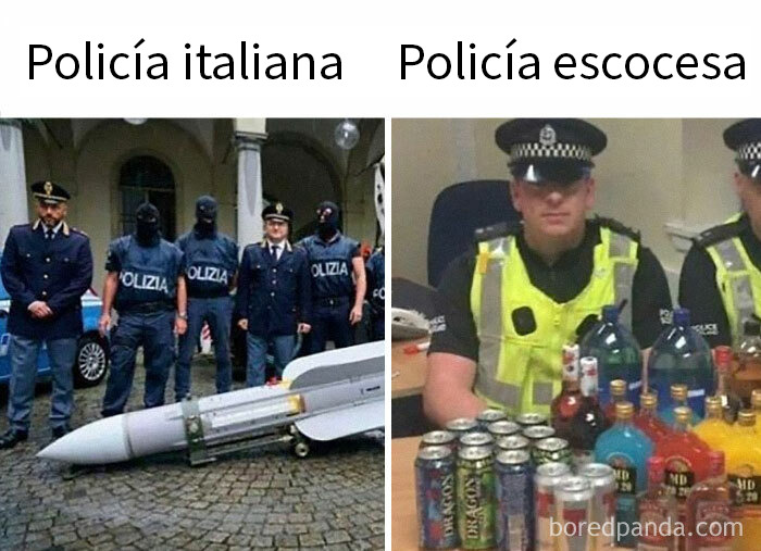 Comparación humorística entre policías italianos con misil y policías escoceses con bebidas, mostrando memes británicos únicos.