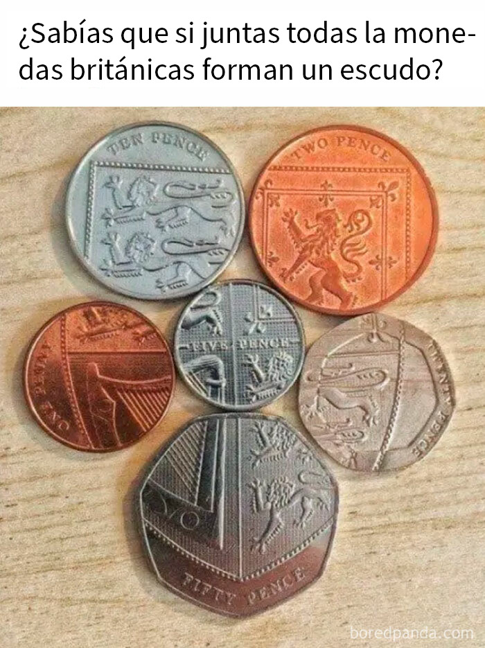 Monedas británicas alineadas para formar un escudo, mostrando lo único del sentido del humor británico en memes.