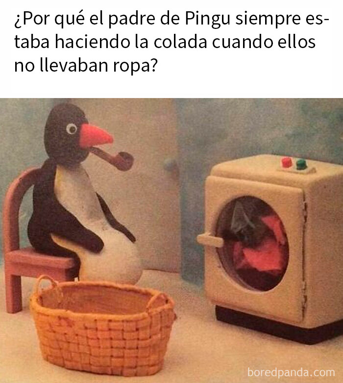 Memes británicos con humor único del pingüino Pingu junto a una lavadora y cesta de ropa, estilo divertido y peculiar.
