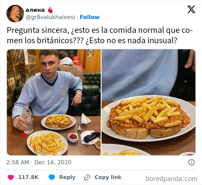 Joven británico con comida típica inusual que muestra el sentido del humor único en memes británicos divertidos.