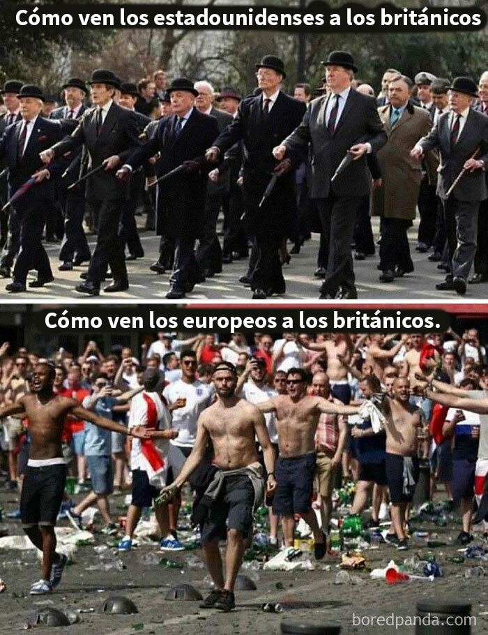 Memes británicos con humor único mostrando la percepción de diferentes países sobre la cultura y comportamiento británico.