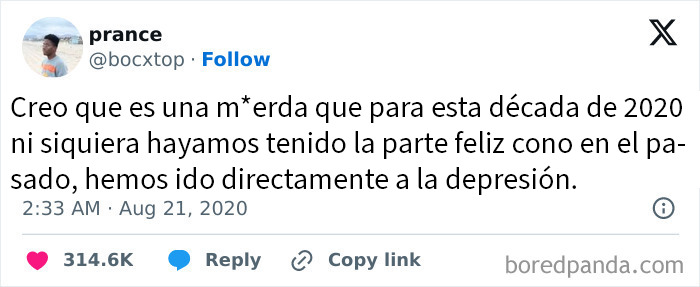 Tuit con reflexión sobre la década de 2020 relacionado con envejecer como el vino y tener razón en algo importante.