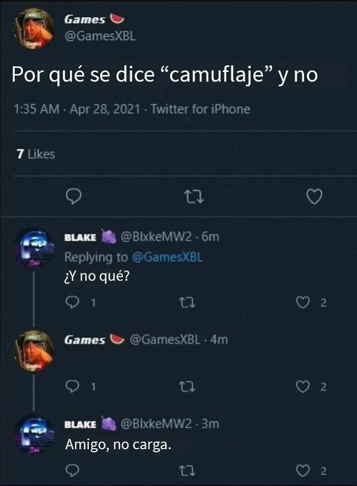 Conversación en Twitter con confusión sobre la palabra camuflaje, ejemplo de personas que no pillaron la broma en internet.