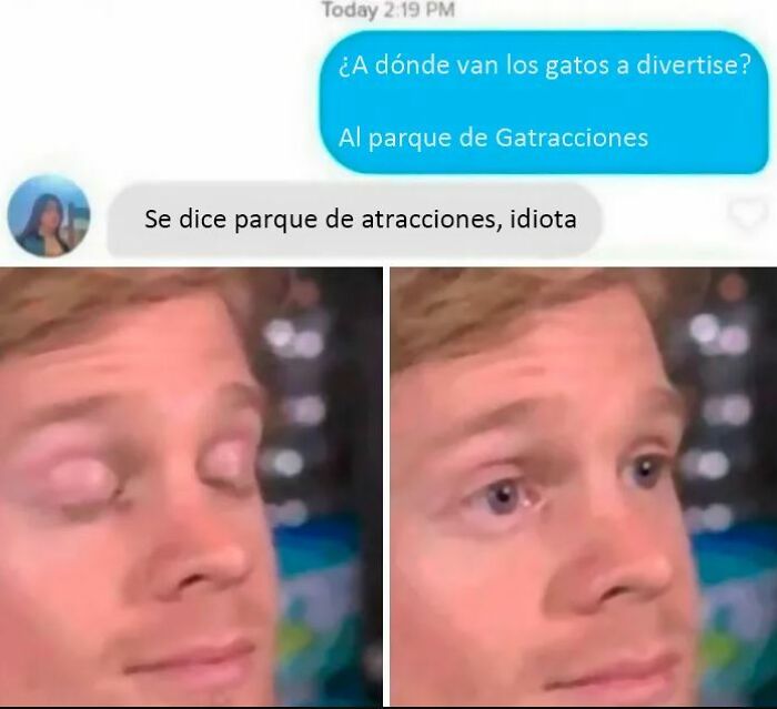 Hombre con expresión confundida tras no entender la broma en conversación de texto sobre parque de atracciones.
