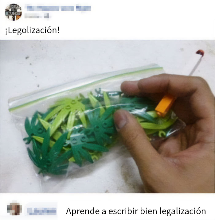 Mano sosteniendo bolsa con piezas verdes de LEGO en forma de hoja, broma sobre personas que no pillaron la broma en internet.