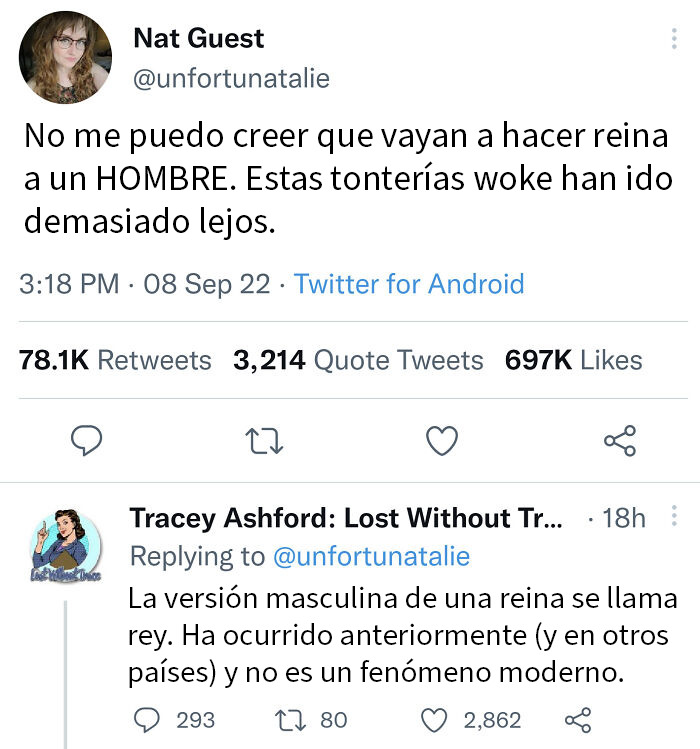 Tuit donde una persona no entiende broma sobre reina hombre y recibe respuesta educativa en internet.
