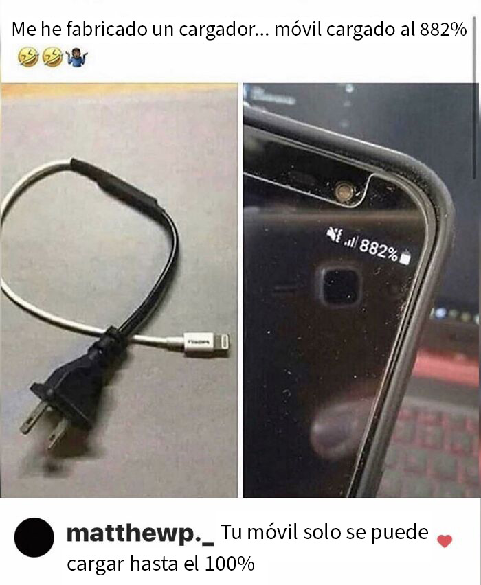 Cable de cargador modificado de forma absurda y móvil con batería cargada al 882% mostrando falta de comprensión de la broma.