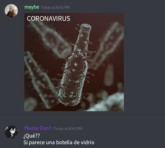 Imagen de conversación en Discord donde alguien confunde un virus con una botella, personas que no pillaron la broma en internet.