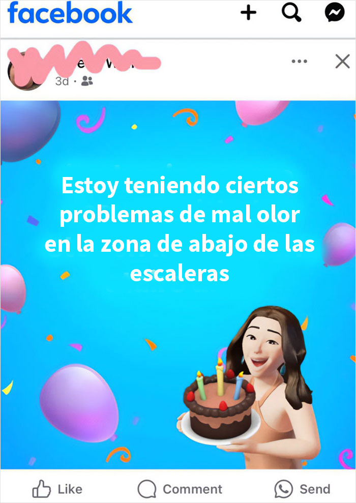 Publicación cómica de una persona mayor con problemas en internet usando avatar digital y texto humorístico en Facebook.