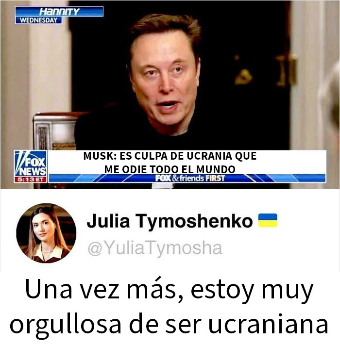 Hombre hablando en entrevista, meme de intento fallido con mensaje irónico sobre Ucrania y Elon Musk.