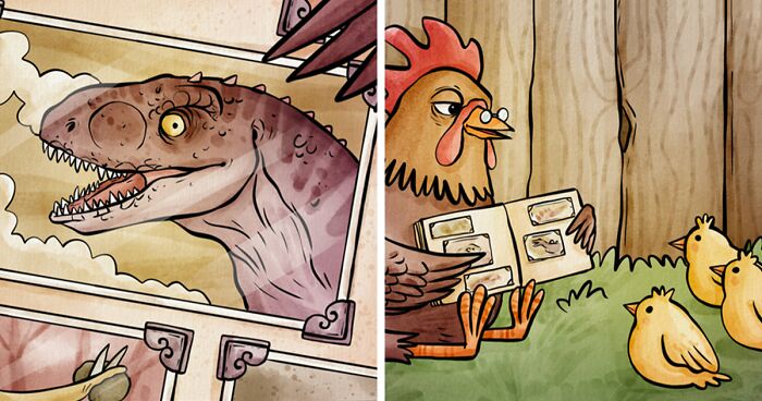Dibujos de cu00f3mics sobre animales mostrando un dinosaurio en caja y gallina con polluelos en un corral.