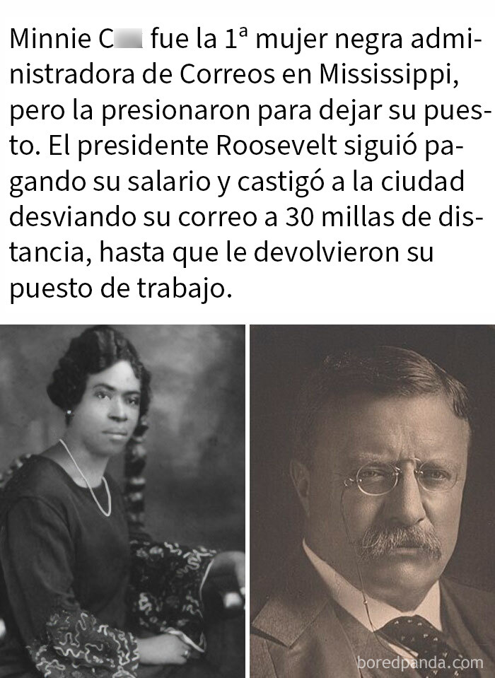 Retrato histórico de Minnie Cox y Theodore Roosevelt, destacando actos de justicia y liderazgo en correos y sociedad.