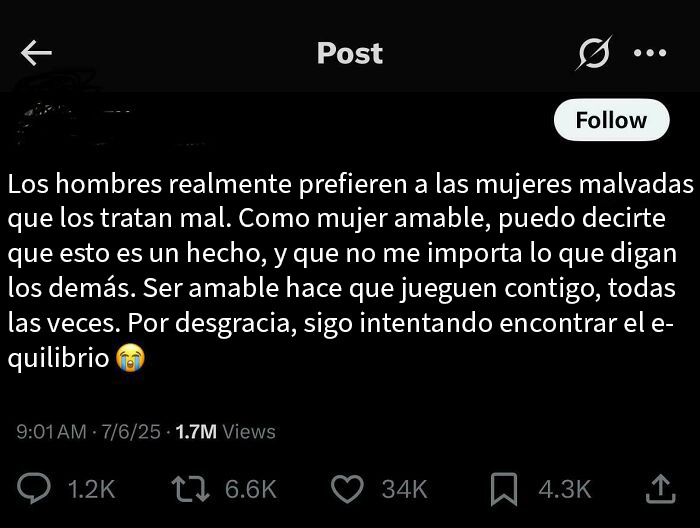 Texto de publicación en redes sociales sobre mujeres tóxicas y relaciones, destacando preferencia por mujeres malvadas según opinión personal.