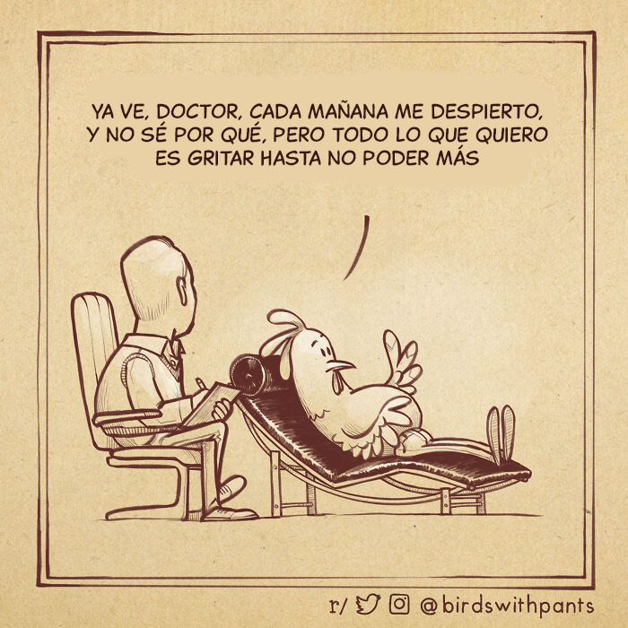 Cómic de animal divertido con gallina en terapia, ilustración a mano, parte de 50 animal comics que nuestros lectores amaron.