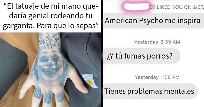 Mano con tatuaje del Joker y capturas de mensajes groseros enviados por hombres a mujeres.