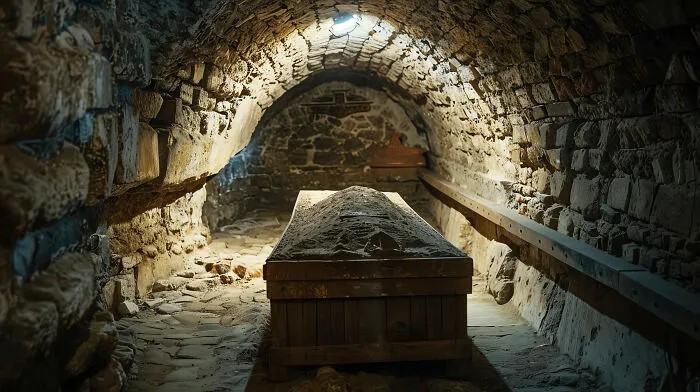 Cripta antigua con sarcófago iluminado, representando momentos históricos que cambiaron el curso de la historia.