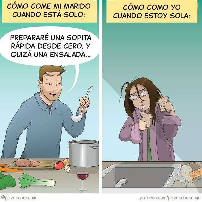 Cómic divertido sobre la vida cotidiana mostrando diferencias en la comida cuando la pareja está sola versus sola.