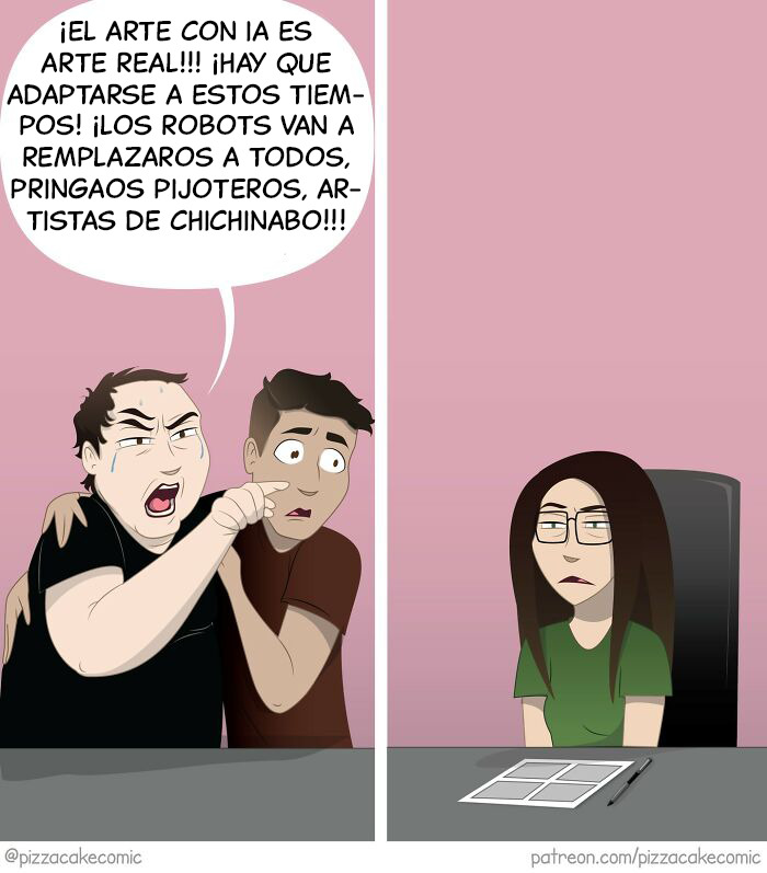 Personajes discutiendo sobre arte con IA en un cómic divertido que refleja el caos cotidiano y la vida con gatos.