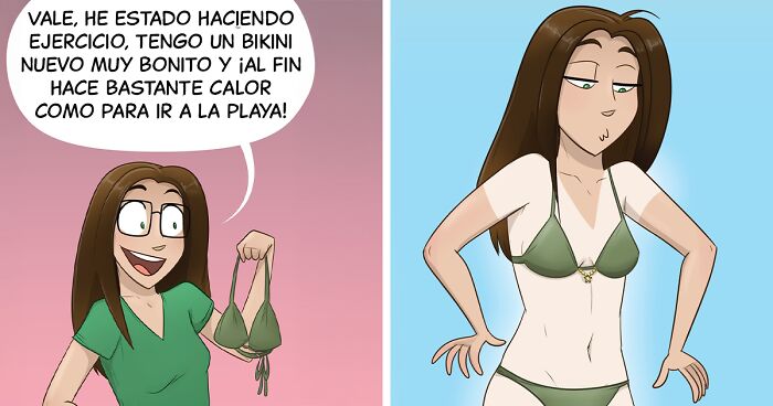 Mujer divertida con bikini nuevo en cu00f3mic sobre la vida cotidiana, gatos y situaciones cau00f3ticas en estilo ilustrado.