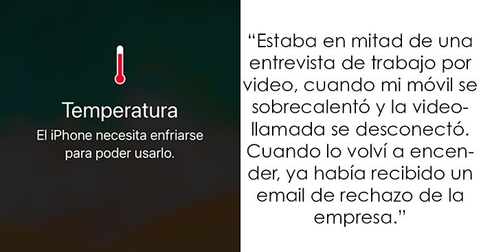 Pantalla de iPhone con mensaje de sobrecalentamiento y texto sobre rechazo durante entrevista de trabajo brutal.