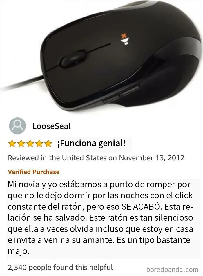 Reseña divertida de un ratón silencioso que ayudó a mejorar una relación, personas que triunfaron en internet con sus reseñas.