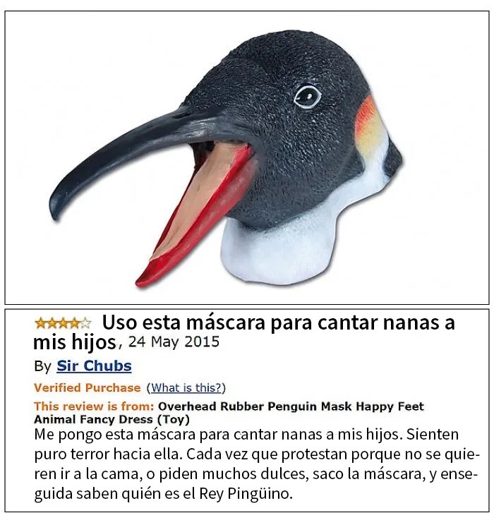 Máscara de pingüino con reseña divertida que triunfó en internet por sus opiniones originales y humorísticas.