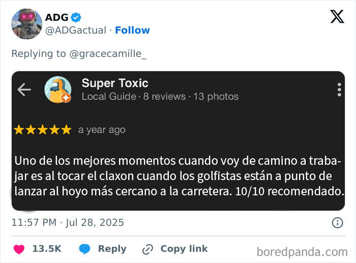 Captura de reseña divertida de usuario en internet con opiniones que triunfan y generan risas entre personas online.