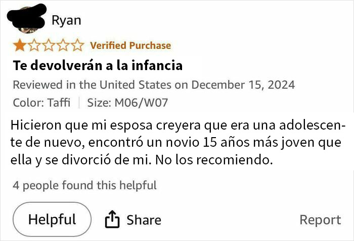 Reseña divertida de comprador donde su esposa lo deja tras usar el producto, ejemplo de personas que triunfaron en internet.