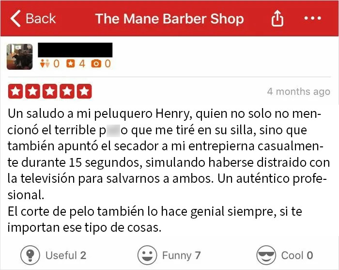Reseña divertida de un cliente satisfecho en peluquería, ejemplo de personas que triunfaron en internet con sus reseñas.
