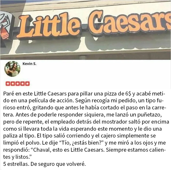 Reseña divertida de cliente en Little Caesars destacando experiencia inesperada y humor que triunfa en internet.