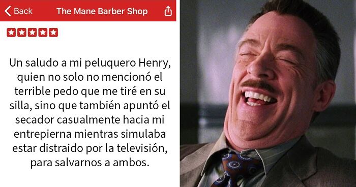 Hombre riendo con reseu00f1a divertida sobre peluquero, ejemplo de personas que triunfaron en internet con reseu00f1as graciosas.