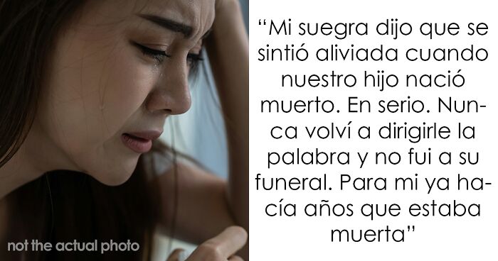 Mujer triste llorando, acompau00f1ada de texto sobre experiencias difu00edciles con suegras y relaciones familiares complicadas.