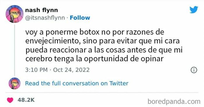 Captura de pantalla de una publicación brutalmente honesta y divertida en X sobre botox y reacciones faciales.