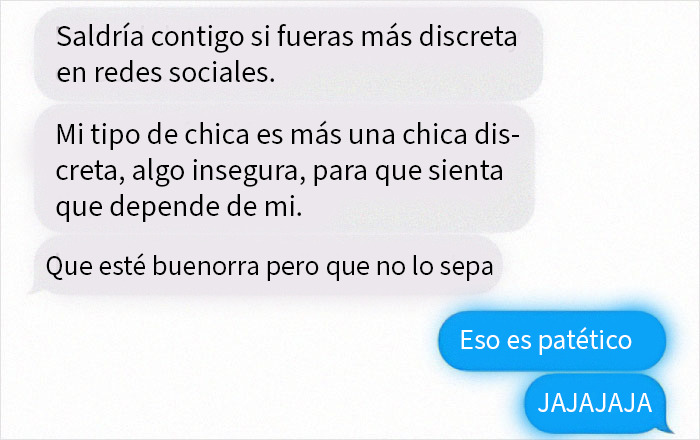 Conversación de texto mostrando comportamientos patéticos y cringe de hombres que revelan su verdadera personalidad rápido.