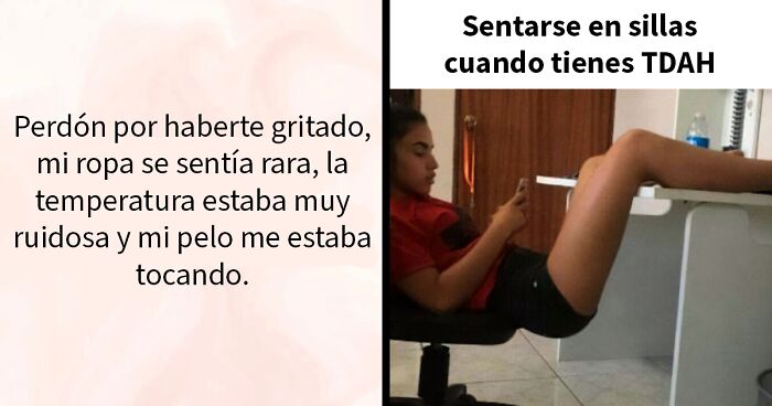 Persona con TDAH sentada en silla de oficina con los pies en el escritorio, texto divertido sobre mentes neurodivergentes.