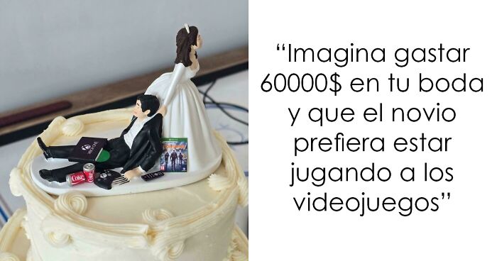 Figura de novios en pastel de boda con novio jugando videojuegos, imagen relacionada con bodas vergonzosas y risas en internet.