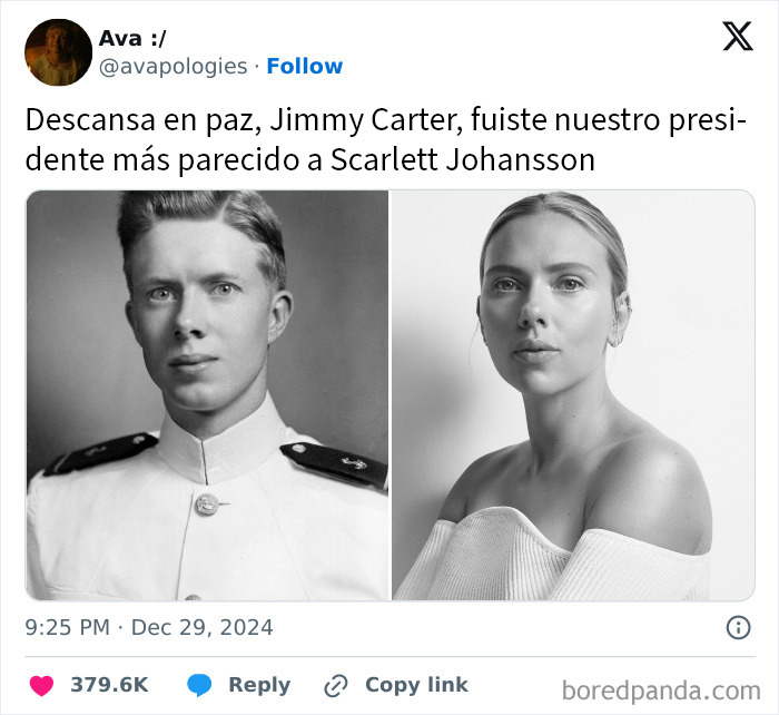 Comparación en blanco y negro entre Jimmy Carter joven y Scarlett Johansson, sorprendente frase que dejó a todos sin palabras. Comparación en blanco y negro entre Jimmy Carter joven y Scarlett Johansson, sorprendente frase que dejó a todos sin palabras.