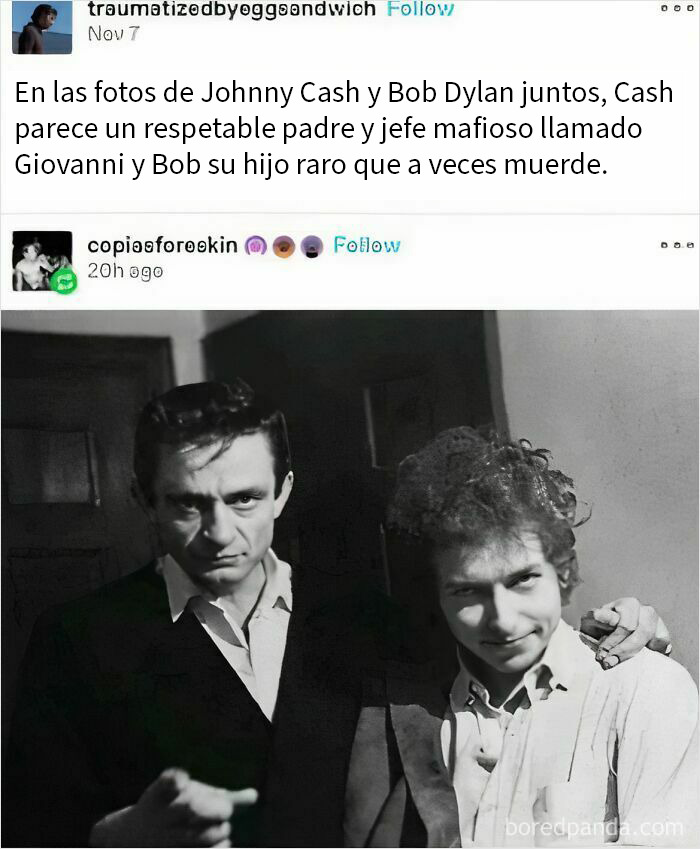 Foto en blanco y negro de Johnny Cash y Bob Dylan con expresiones intensas, icónica entre frases inesperadas que dejan sin palabras. Foto en blanco y negro de Johnny Cash y Bob Dylan con expresiones intensas, icónica entre frases inesperadas que dejan sin palabras.