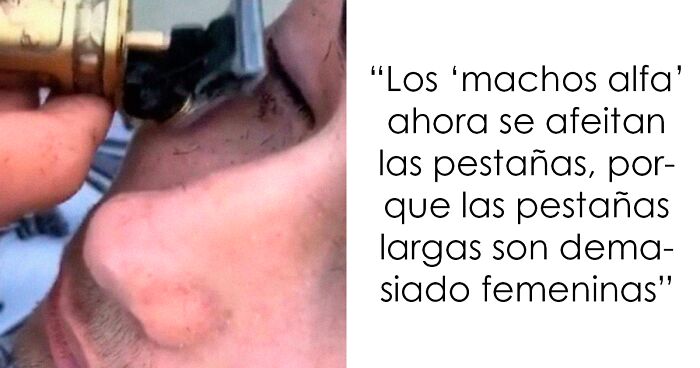 Hombre afeitu00e1ndose las pestau00f1as con mu00e1quina, ilustrando frases originales y u00fanicas sobre pensamientos poco comunes.