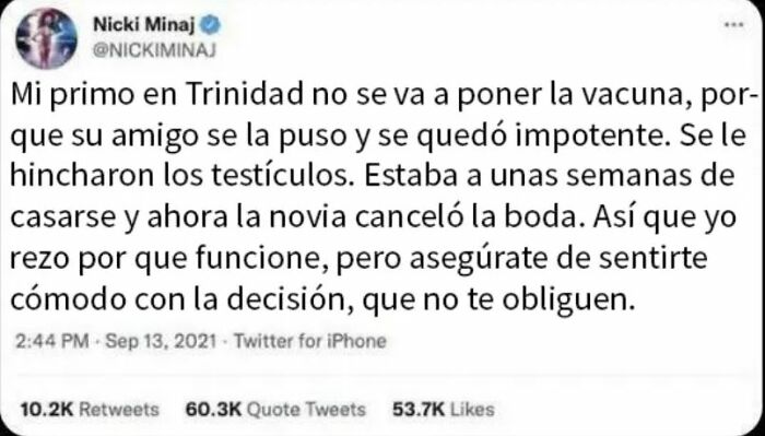 Captura de pantalla de tweet con información falsa sobre ciencia y reproducción viral, ejemplo de fake science y desinformación.