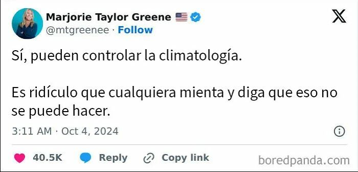 Tuit de Marjorie Taylor Greene sobre control del clima que ejemplifica casos de ciencia falsa y humillaciones en línea.