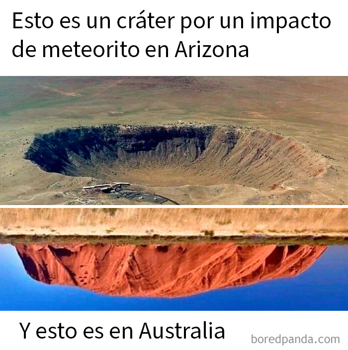 Cráter de impacto real en Arizona y formación rocosa invertida en Australia, ejemplo de ciencia falsa y engaños online.